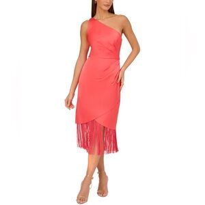 Adrianna Papell Satin One Shoulder Midi Dress with Fringe Skirt